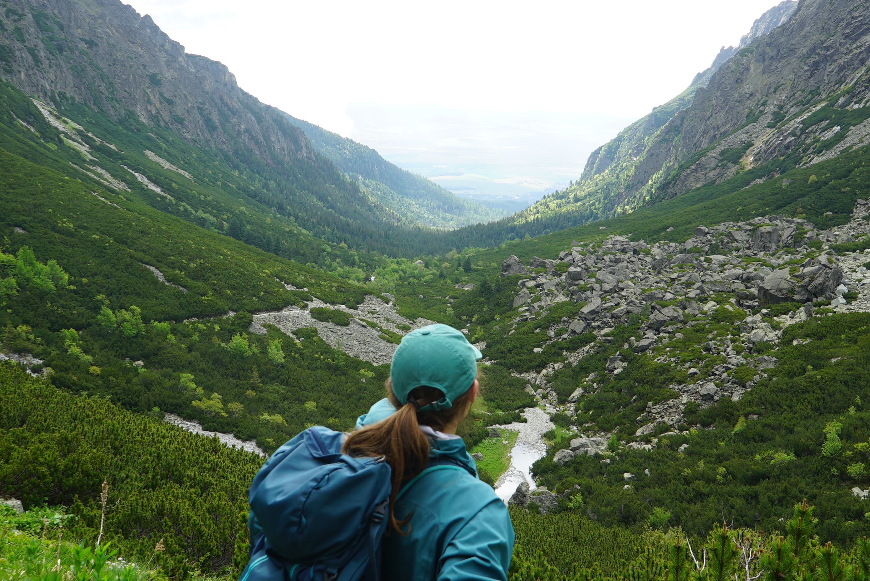 A hiker looking down a green glacial valley toward the lowlands